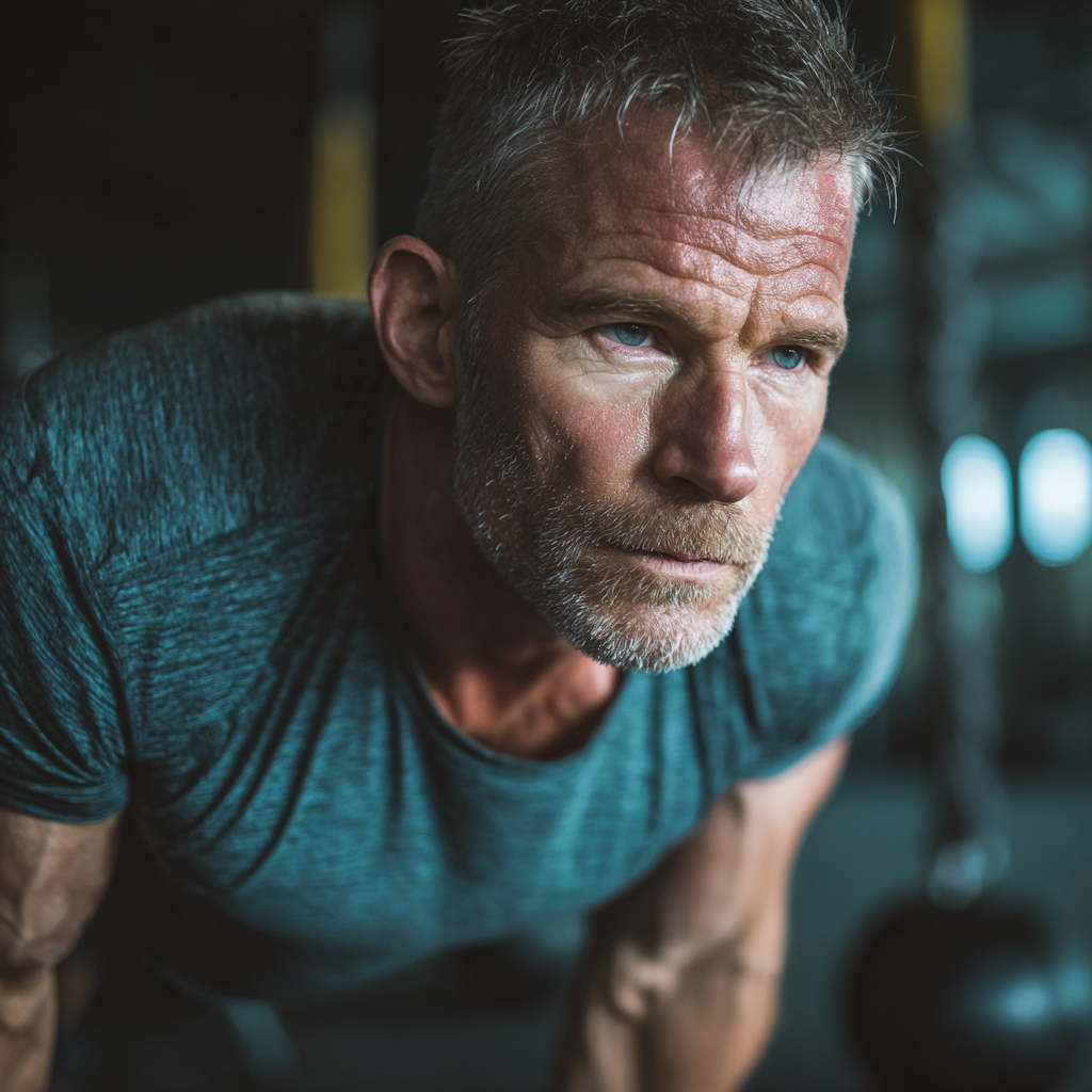 Middle-aged man focused on physical training and personal development