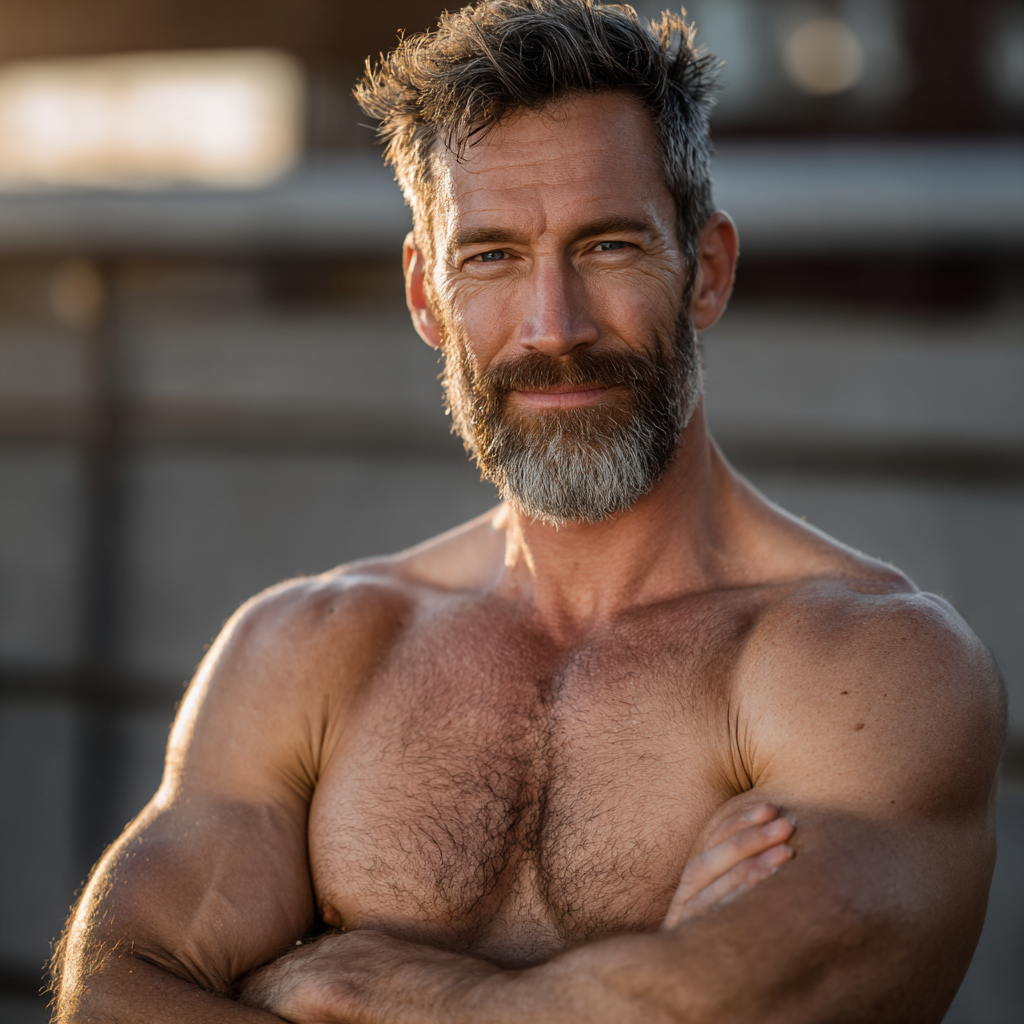 Middle-aged man showing confidence and physical achievement