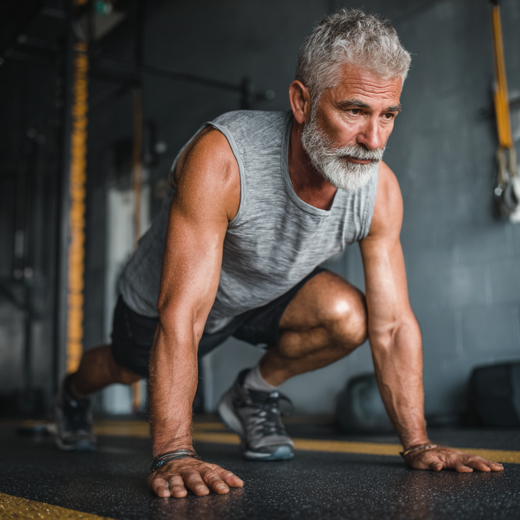 Older adult man demonstrating strength and discipline in workout setting